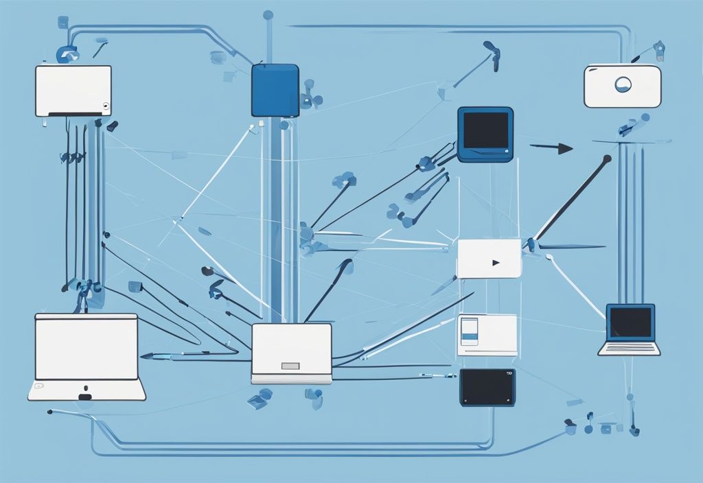 Modernes digitales Gemälde mit blauem Farbschema, das ein vereinfachtes Netzwerkdiagramm mit Geräten und Pfeilen zeigt, die den Pfad einer DHCP-Anfrage und -Antwort darstellen.