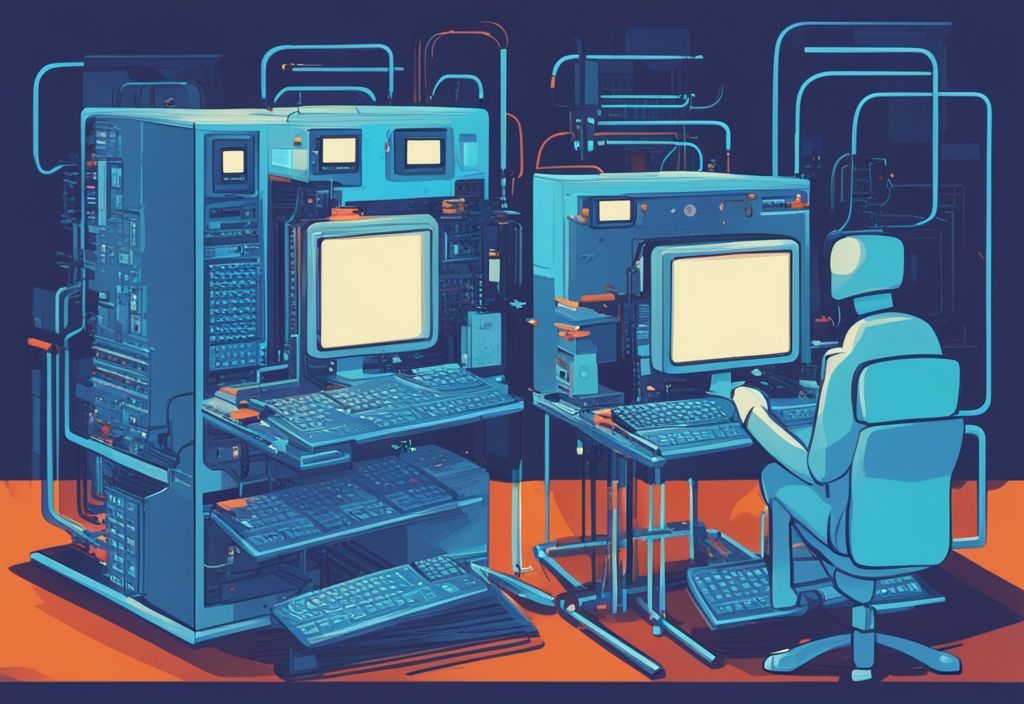 Moderne digitale Malerei mit blauem Farbschema, zwei Computerprozessoren nebeneinander, abstrakte Darstellung der Unterschiede zwischen RISC- und CISC-Architekturen.