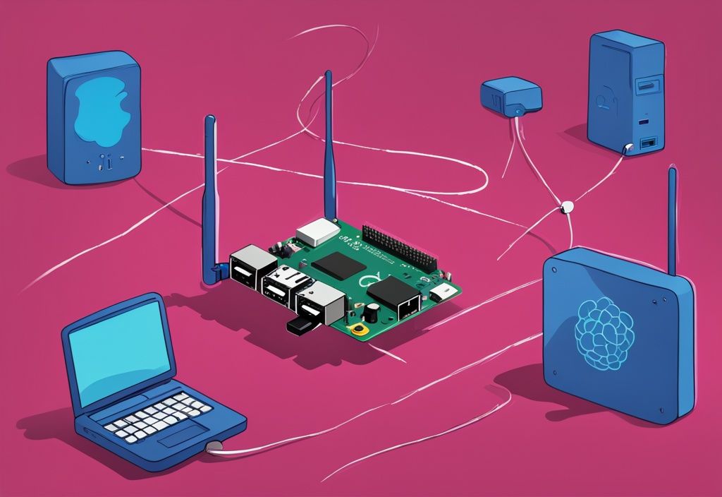 Moderne digitale Illustration eines blauen Raspberry Pi Geräts mit Antenne als drahtloser Zugangspunkt, umgeben von Miniaturmenschen zur Größenveranschaulichung.