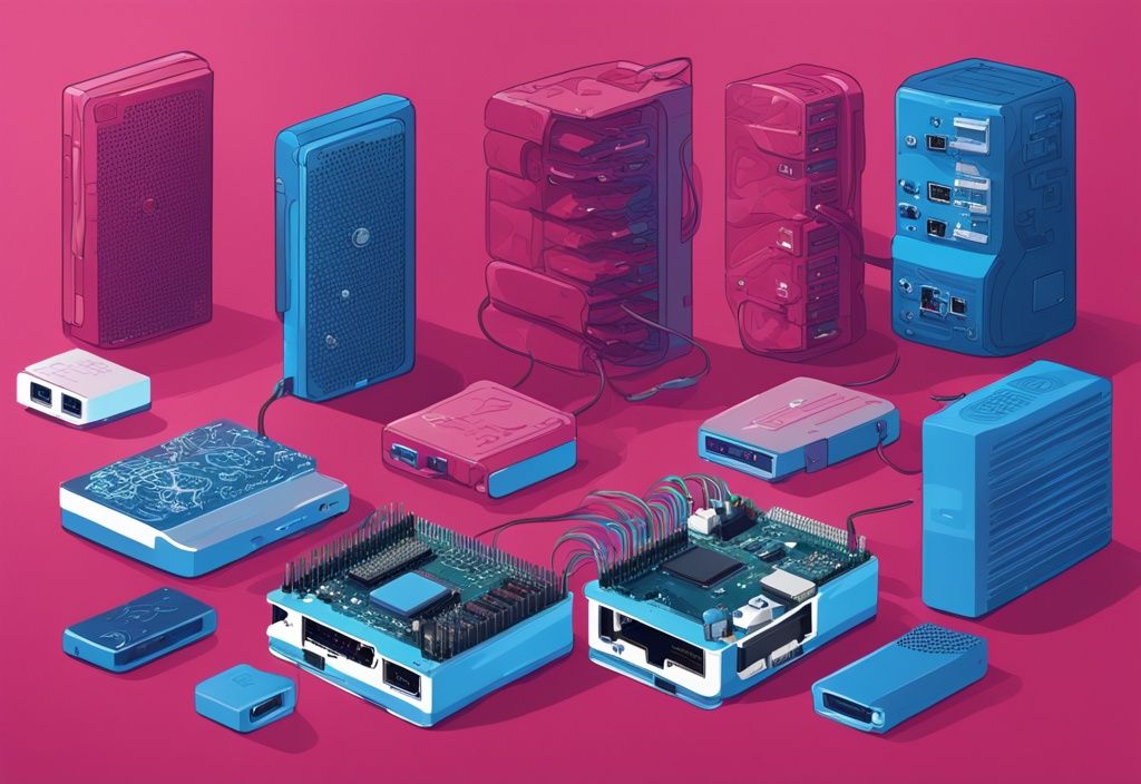 Moderne digitale Illustration in Blau, die verschiedene Raspberry Pi Modelle in aufsteigender Reihenfolge ihrer Erscheinungsdaten zeigt.