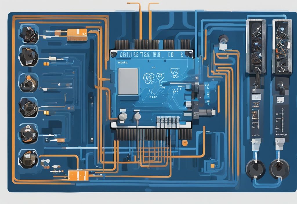 Moderne digitale Illustration eines Varistors mit blauen Farbtönen, Komponentenbeschriftungen und einer einfachen Darstellung der Varistor Funktion in einem Stromkreis.