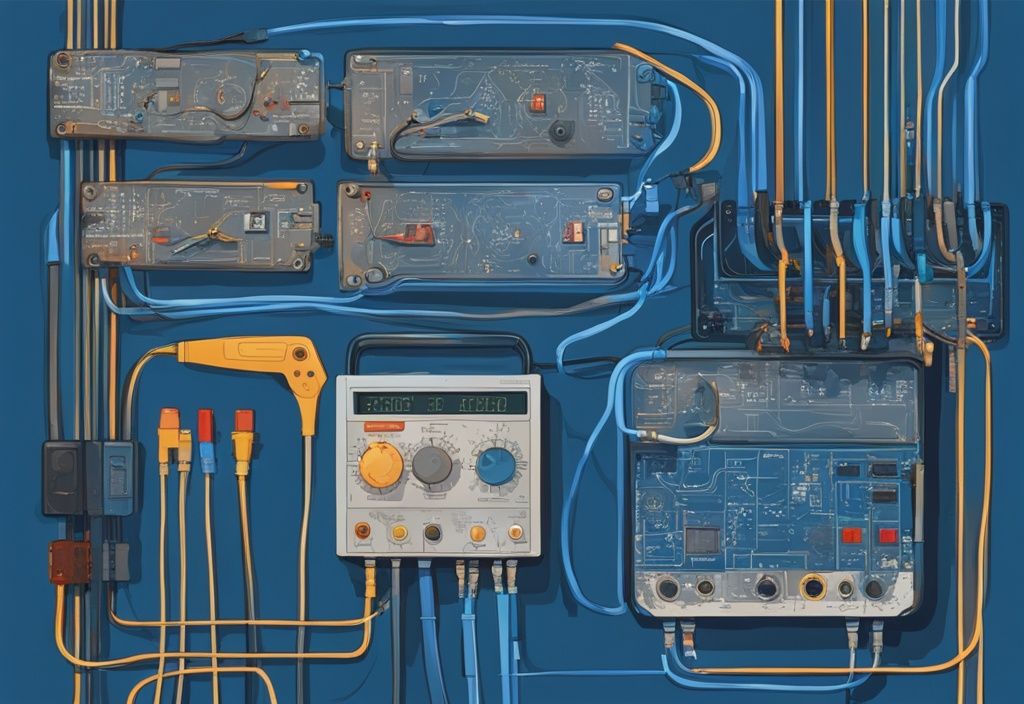 Moderne digitale Malerei mit blauer Farbgebung, die ein Netzwerk von Drähten und Schaltkreisen zeigt, das mit einem Multimeter auf Scheinwiderstand gemessen wird.