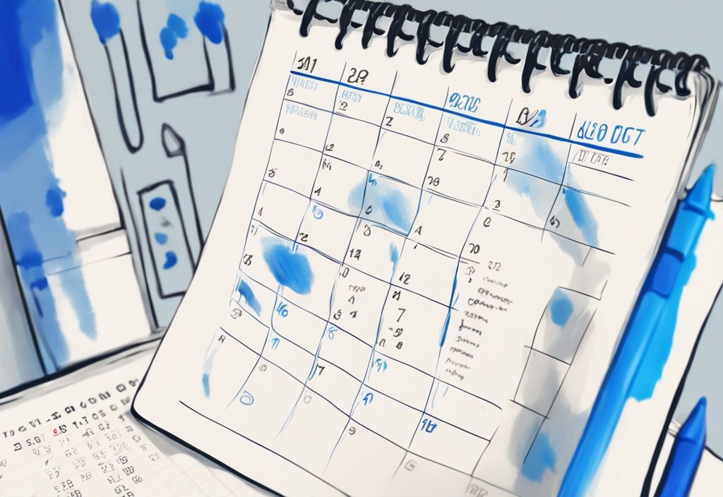 Modernes digitales Gemälde mit einem blauen Farbschema, das einen Kalender mit markierten besonderen Ereignissen und Trainingstagen zur Veranschaulichung des ntc (Non-Training Calendar) zeigt.