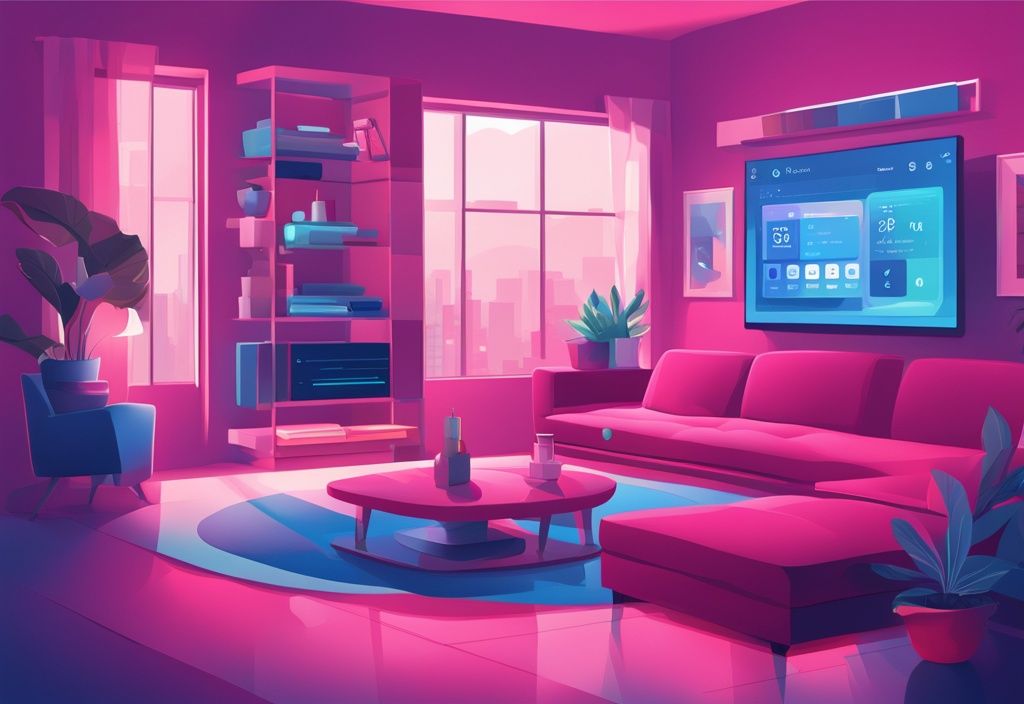 Modernes digitales Gemälde mit blauem Farbschema, das einen Raspberry Pi in einem automatisierten Wohnzimmer zeigt, der eine Smart Home App auf dem Bildschirm anzeigt. Keywords: smart home raspberry pi.