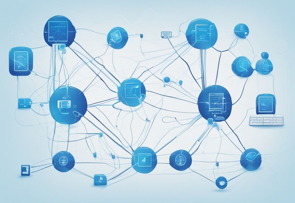 Moderne digitale Malerei mit blauem Farbschema, zeigt ein komplexes Netzwerkdiagramm mit mehreren Geräten, die im CSMA/CA-Protokoll kommunizieren.