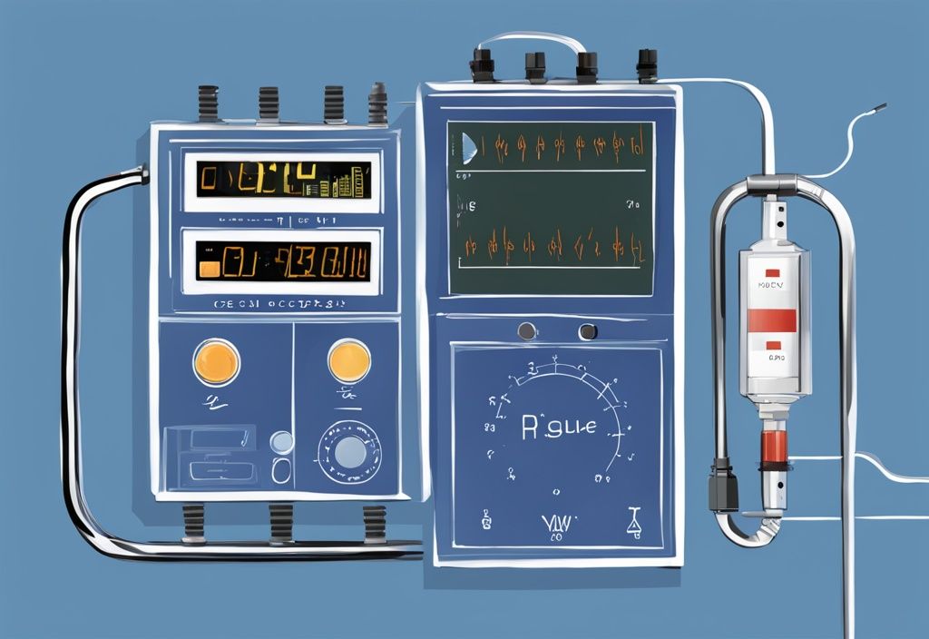 Moderne digitale Malerei mit blauem Farbschema, zeigt ein elektrisches Diagramm mit einem Ohmmeter in einem einfachen Schaltkreis und einer digitalen Schnittstelle zur Umrechnung von Ohm-Messungen.