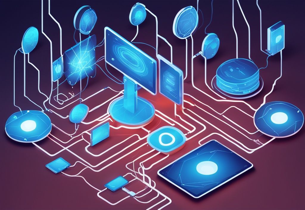 Moderne digitale Illustration in Blau, zeigt ein Netzwerk verbundener elektronischer Geräte, die Informationen über leuchtende Linien austauschen, mit einem zentral hervorgehobenen Server und dem klar sichtbaren Label "MQTT Protokoll".