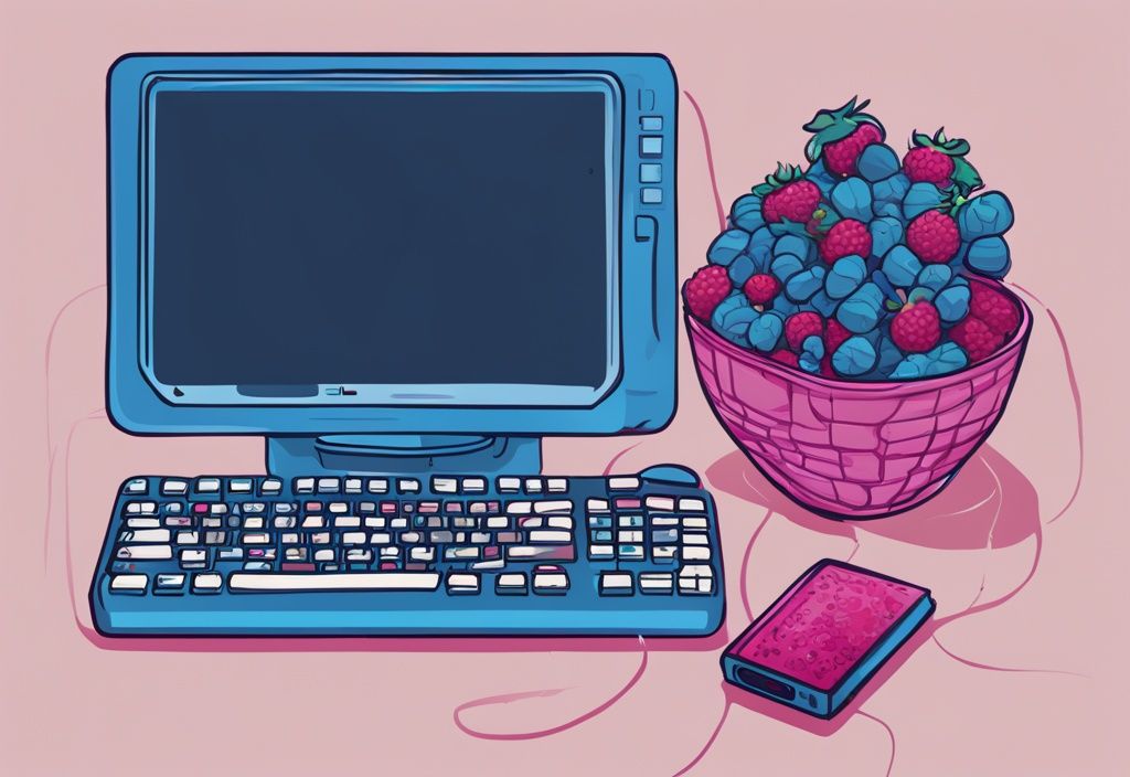 Moderne digitale Illustration in Blau mit einem Raspberry Pi und einem Computerbildschirm im Hintergrund, der Befehlszeilen und IP-Adressinformationen anzeigt.