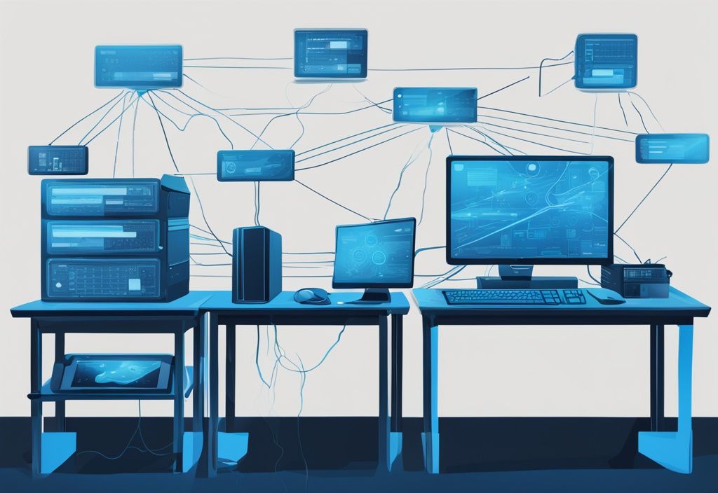 Moderne digitale Illustration in Blau, die vernetzte Geräte wie Computer, Router und Server zeigt, mit sichtbaren Datenpaketen, die das ARP Protokoll in Aktion darstellen.