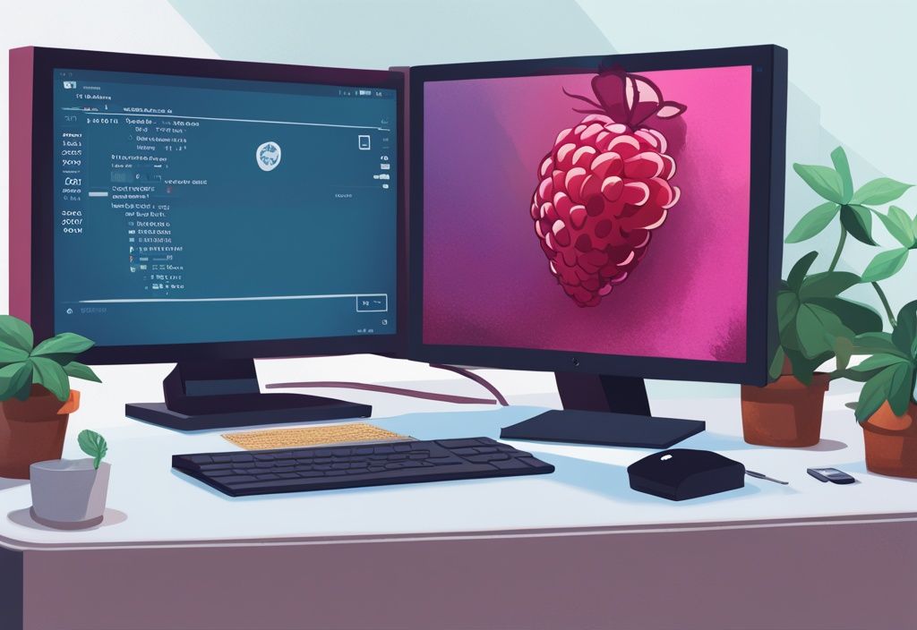 Moderne digitale Malerei mit blauem Farbschema, Raspberry Pi Gerät verbunden mit einem Computerbildschirm, der die VNC-Schnittstelle für Fernverwaltung anzeigt. vnc raspberry pi