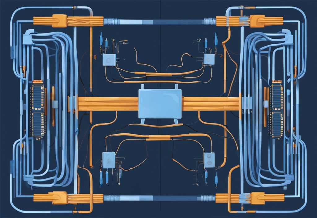 Moderne digitale Malerei mit blauem Farbschema, zwei parallele elektrische Schaltkreise mit nebeneinander angeordneten Kabeln und gleichzeitigem Stromfluss