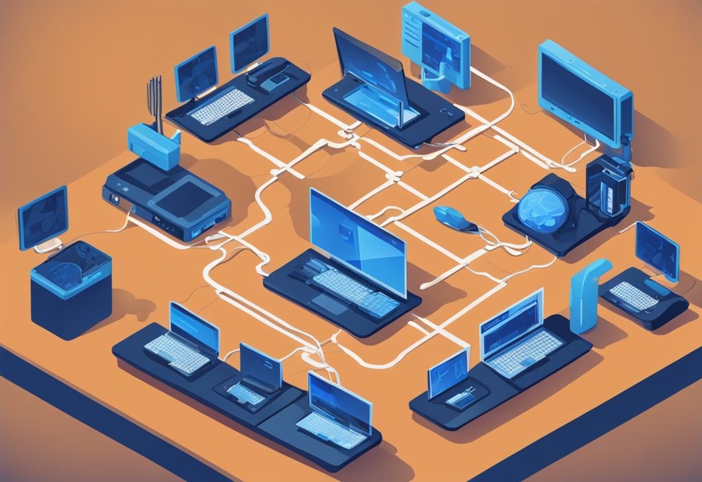 Moderne digitale Illustration in Blau, die ein Netzwerk von verbundenen Geräten wie Laptops, Router und Server darstellt, symbolisiert den IEEE 802.3 Standard für Ethernet-Verbindungen.