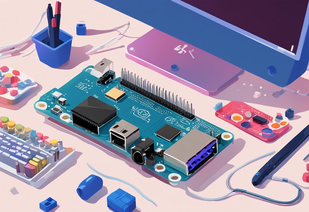 Modernes digitales Gemälde mit blauem Farbthema, das einen Raspberry Pi Pico Mikrocontroller auf einem klaren, minimalistischen Schreibtisch mit verstreuten elektronischen Bauteilen zeigt.