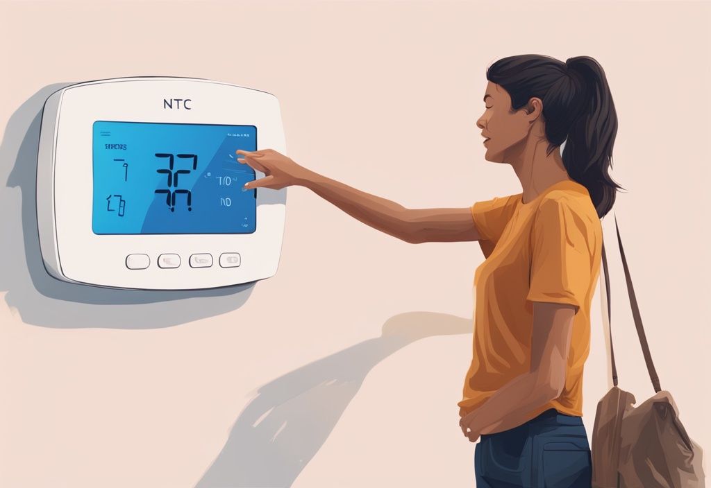 Moderne digitale Illustration einer Person, die mit einem NTC-Thermostat an einer hellen Wand interagiert, Hauptfarbthema Blau.