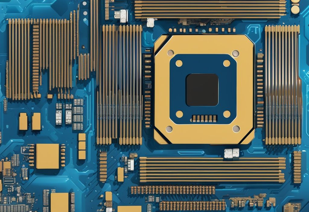 Detailreiche Nahaufnahme eines modernen Motherboards, das den Aufbau mit CPU-Sockel, RAM-Steckplätzen, Erweiterungssteckplätzen und Chipsätzen in einem digitalen Gemälde mit blauem Farbschema zeigt. Keyword: motherboard aufbau