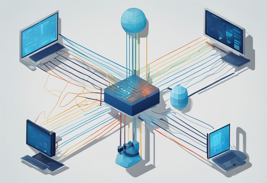 Moderne digitale Illustration in Blau, Netzwerkdiagramm mit bunten Linien, VLAN-Setup mit mehreren Geräten und Verbindungen