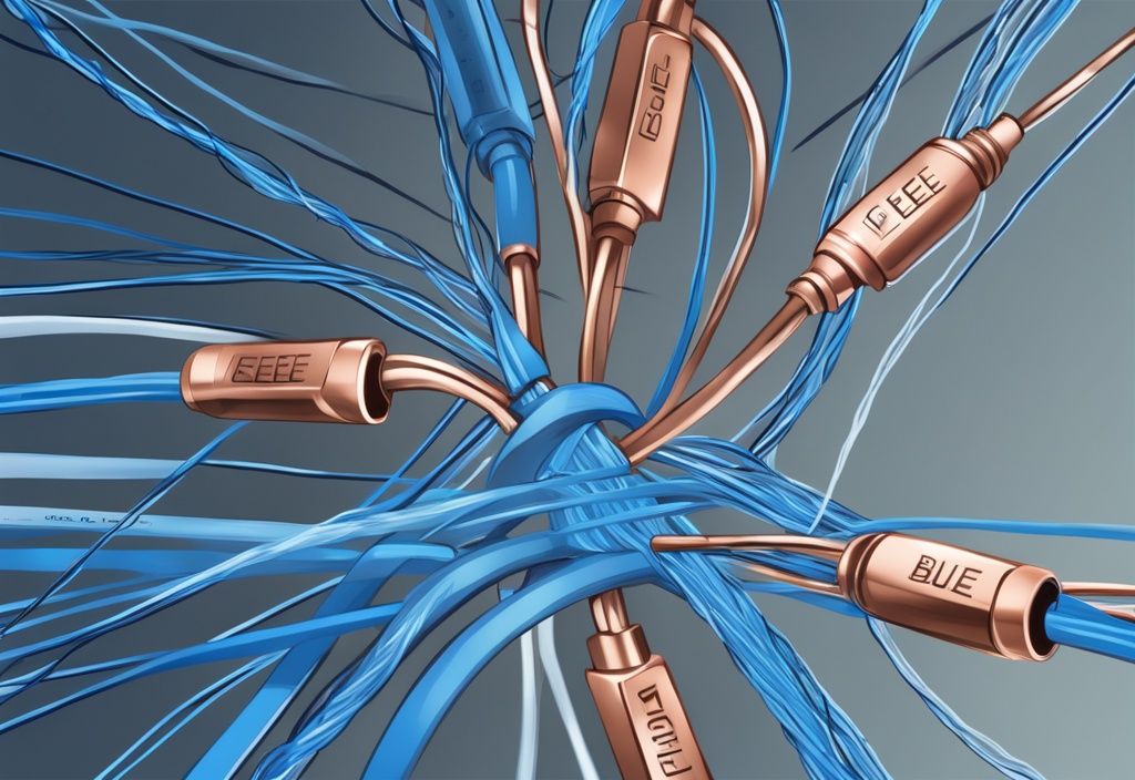 Moderne digitale Malerei mit blauem Farbschema, zeigt ein Netzwerk aus Kupfer- und Glasfaserkabeln, mit sichtbaren Textetiketten, die als IEEE 802.3 Standard markiert sind.