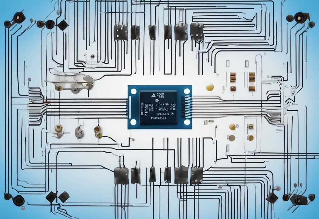 Moderne digitale Malerei mit einem blauen Farbschema, die einen Varistor mit Pfeilen und Text zur Funktion in einem elektronischen Schaltkreis zeigt.