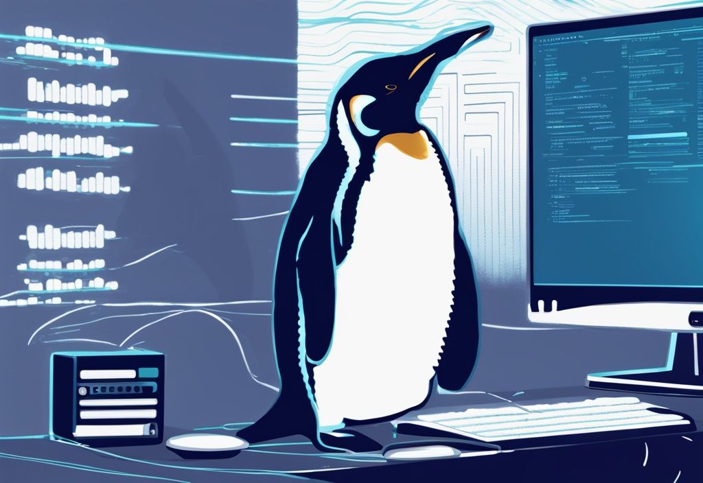 Moderne digitale Illustration in Blau mit einem Terminalfenster im Vordergrund, das Codezeilen eines Linux-Makefiles zeigt, das in ein ausführbares Format umgewandelt wird, und einer subtilen Silhouette des Linux-Pinguin-Logos im Hintergrund.