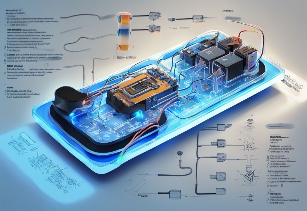 Moderne digitale Malerei mit blauem Farbschema, transparenter 3D-Modell eines JK-Flip-Flop-Schaltkreises, beschriftete Komponenten und farbige elektrische Pfade.