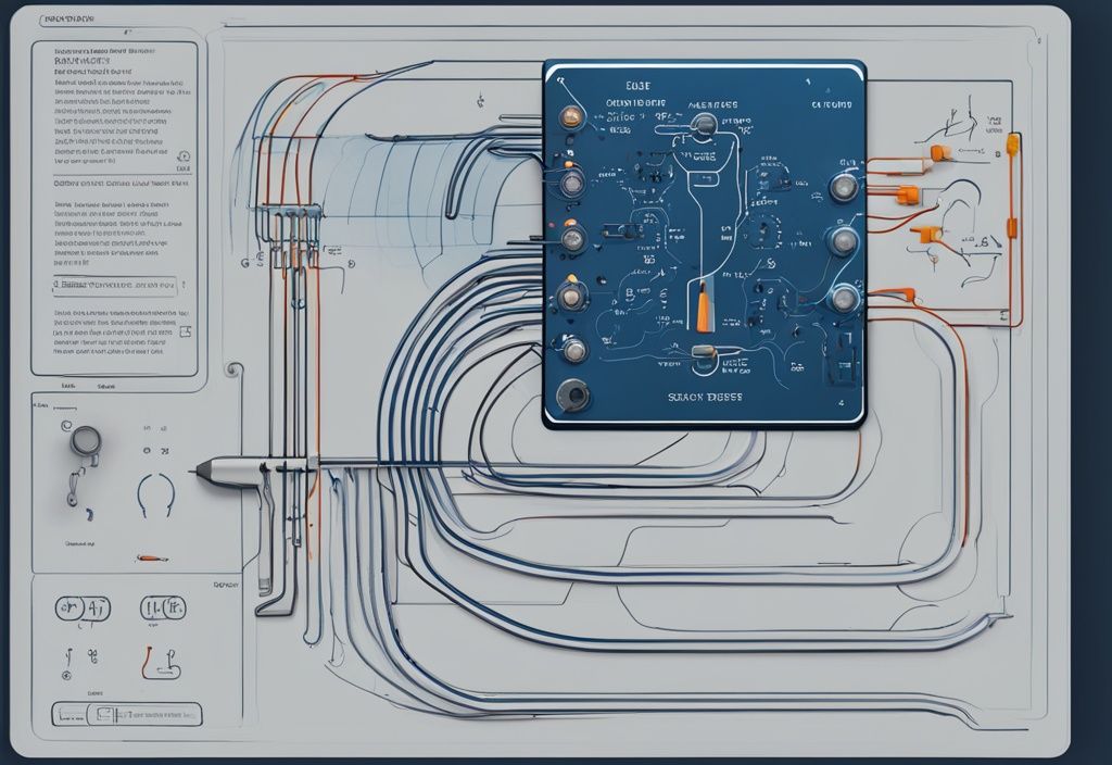 Modernes digitales Gemälde einer Schmitt-Trigger-Schaltung mit blauem Farbschema, detailliertem Diagramm, Hysterese-Kurve und Komponenten, vor dunklem Hintergrund.