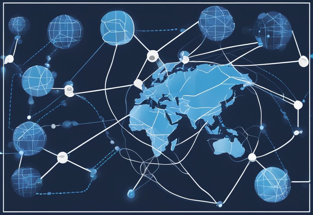 Moderne digitale Illustration einer Weltkugel mit vernetzten Knoten, die verschiedene Server darstellen, und hervorgehobener Route, die den Prozess eines Traceroute-Befehls zeigt, in Blau gehalten