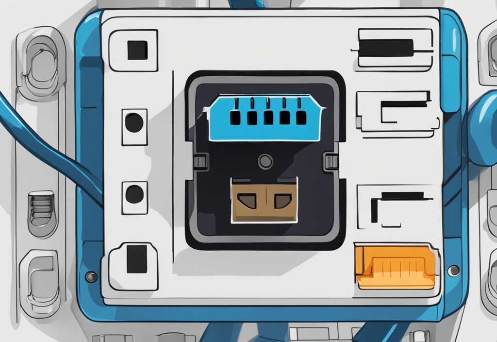 Nahaufnahme einer modernen digitalen Illustration eines RJ45 Steckers mit deutlich beschriftetem Pinout-Diagramm und blauem Farbschema, rj45 belegung.