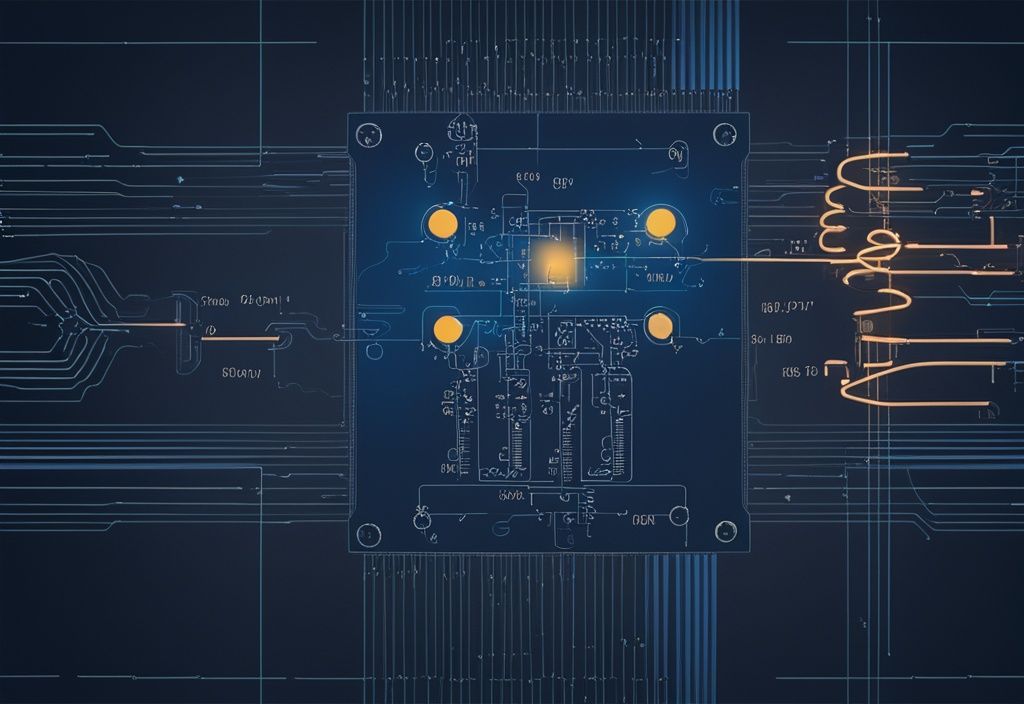 Moderne digitale Malerei einer Schmitt-Trigger-Schaltung mit blauem Farbschema, detailliertem Diagramm, Hysterese-Kurve und funktionierenden Komponenten auf dunklem Hintergrund.