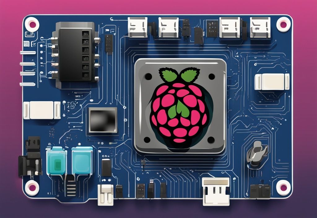 Moderne digitale Malerei mit blauem Farbschema, die eine Raspberry Pi-Platine mit einem symbolischen Ausschaltknopf darstellt, der den Herunterfahrvorgang symbolisiert.