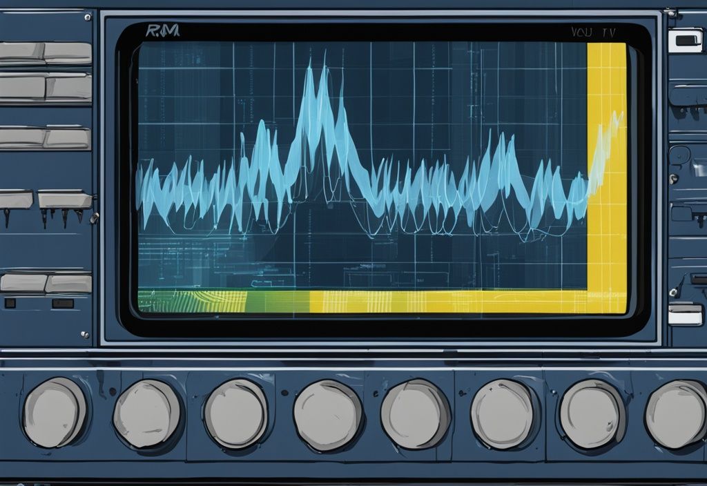 Moderne digitale Malerei mit blauem Farbschema, zeigt ein Oszilloskop-Bildschirm mit Wellenmuster einer RMS-Wechselspannung und beschrifteten Spitzen- und RMS-Spannungswerten.