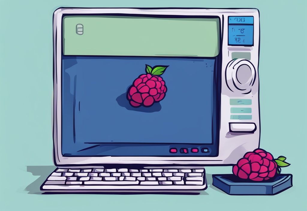 Moderne digitale Malerei mit blauem Farbschema, zeigt ein Raspberry Pi Gerät mit geöffnetem Einstellungsfenster und der Option 'Passwort ändern' auf dem Bildschirm, raspberry pi passwort ändern.