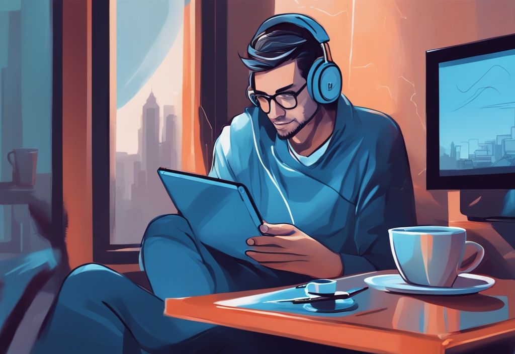 Moderner digitaler Gemäldeillustration mit blauem Farbschema, zeigt ein TrekStor-Tablet in gemütlicher Umgebung mit Kopfhörern und Kaffeetasse, reflektiert eine Homeoffice-Atmosphäre.