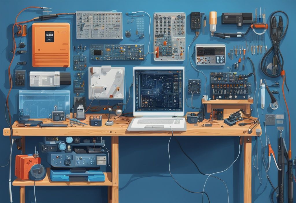 Moderne digitale Malerei mit blauem Farbschema, zeigt eine gut organisierte Werkbank mit wesentlichen elektronischen Komponenten wie Widerständen, Kondensatoren, Leiterplatten, Multimeter und Lötkolben, vermittelt eine Szene zum Erforschen der Elektronik Grundlagen.