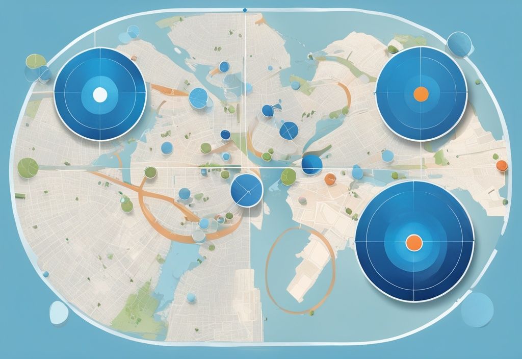 Moderne digitale Malerei-Illustration mit blauem Farbschema, Vergleichsdiagramm der Genauigkeit verschiedener GPS-Systeme, dargestellt durch überlappende Kreise unterschiedlicher Größe auf einer Kartenansicht.