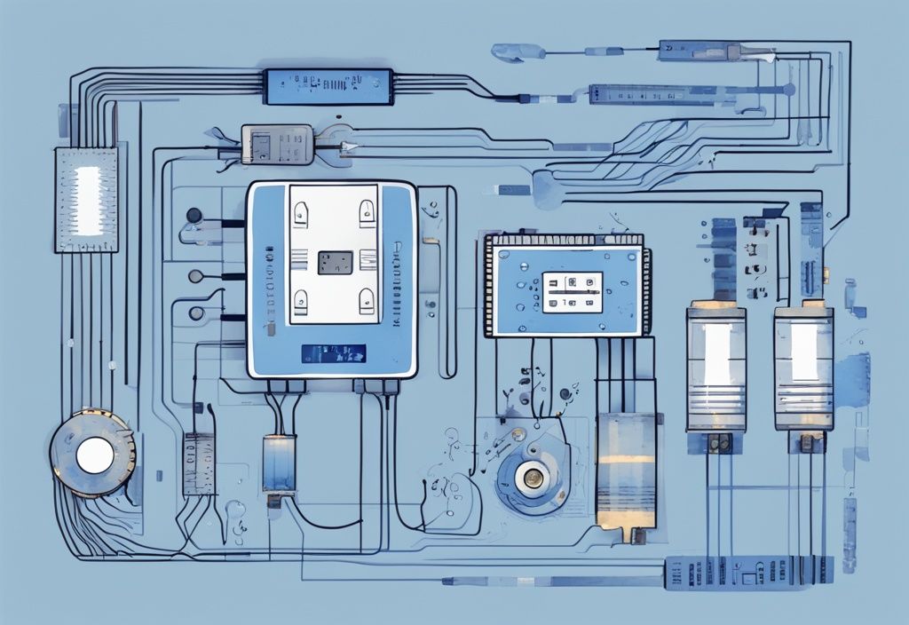 Moderne digitale Malerei mit blauer Farbgebung, zeigt elektronische Bauteile in einem Schaltkreis zur Veranschaulichung des Konzepts der Impedanz, mit sichtbaren Diagrammen zur Beziehung zwischen Spannung, Strom und Impedanz.